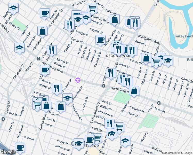 map of restaurants, bars, coffee shops, grocery stores, and more near 311 Super Street in Houston