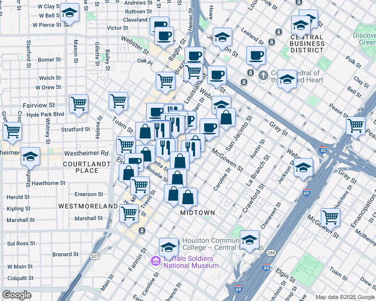 map of restaurants, bars, coffee shops, grocery stores, and more near 2700 Travis Street in Houston