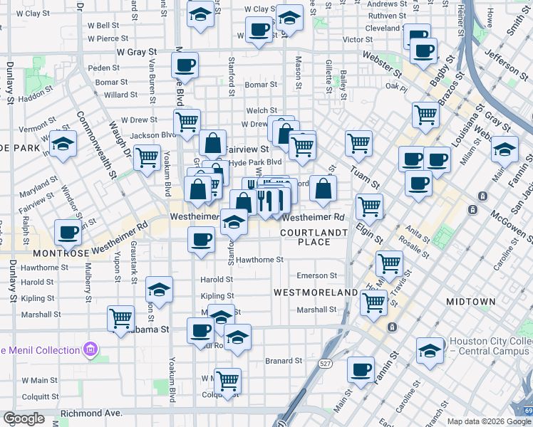 map of restaurants, bars, coffee shops, grocery stores, and more near 406 Avondale Street in Houston