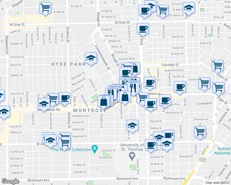 map of restaurants, bars, coffee shops, grocery stores, and more near 2622 Commonwealth Street in Houston