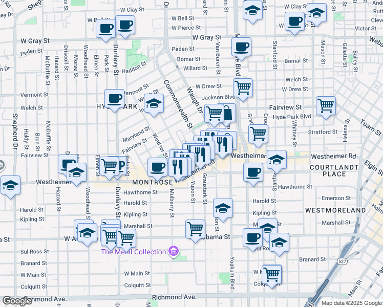 map of restaurants, bars, coffee shops, grocery stores, and more near 2622 Commonwealth Street in Houston