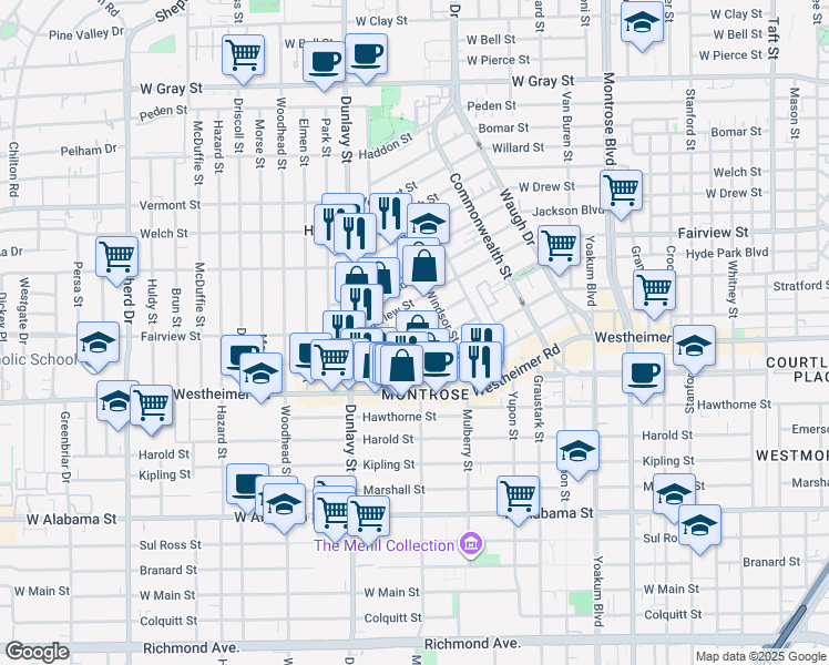 map of restaurants, bars, coffee shops, grocery stores, and more near 1806 Haver Street in Houston