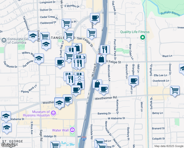 map of restaurants, bars, coffee shops, grocery stores, and more near 2200 South Loop West in Houston