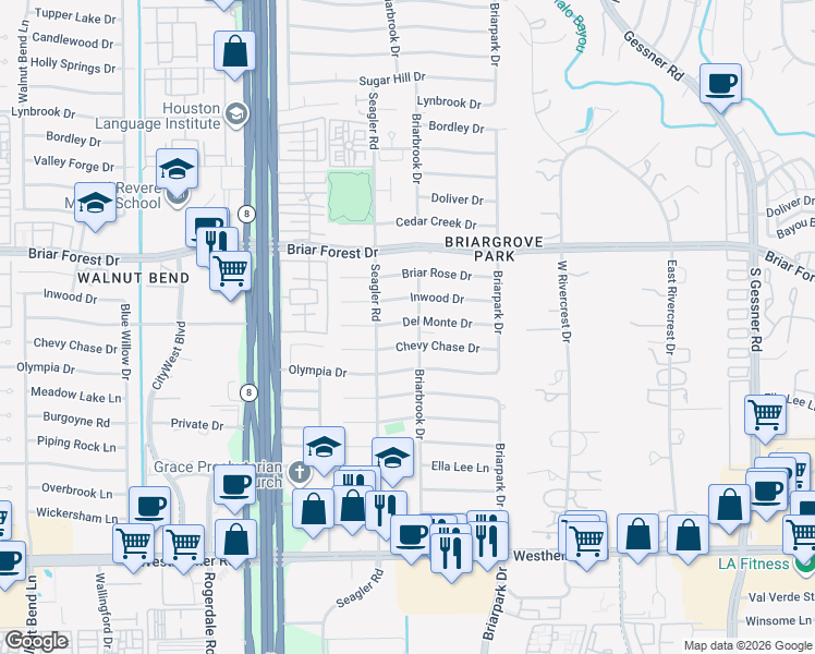 map of restaurants, bars, coffee shops, grocery stores, and more near 10047 Del Monte Drive in Houston