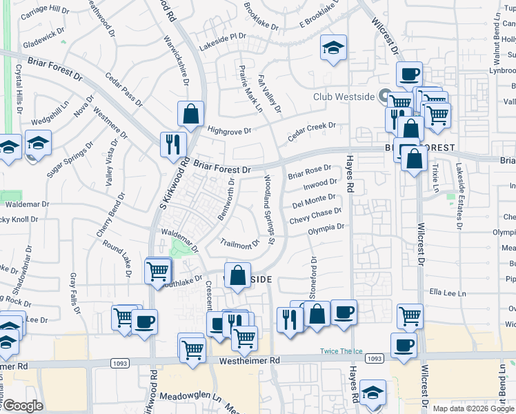 map of restaurants, bars, coffee shops, grocery stores, and more near 2014-2018 Woodland Springs Street in Houston