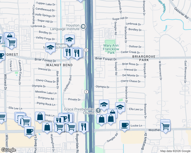 map of restaurants, bars, coffee shops, grocery stores, and more near 1701 West Sam Houston Parkway South in Houston