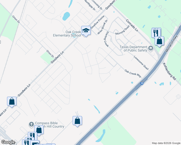 map of restaurants, bars, coffee shops, grocery stores, and more near 264 Escarpment Oak in New Braunfels