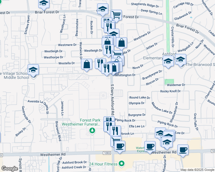 map of restaurants, bars, coffee shops, grocery stores, and more near 2000 South Dairy Ashford Road in Houston