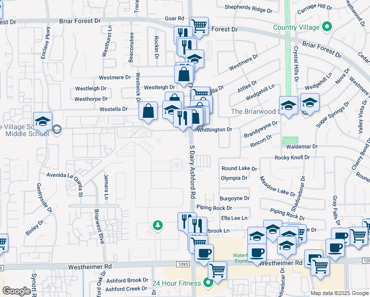 map of restaurants, bars, coffee shops, grocery stores, and more near 2000 South Dairy Ashford Road in Houston