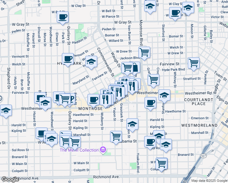 map of restaurants, bars, coffee shops, grocery stores, and more near 2622 Commonwealth Street in Houston