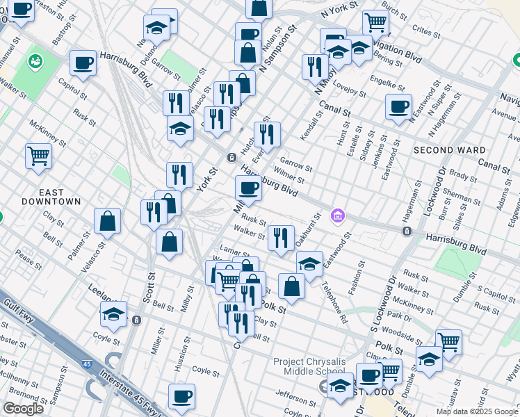 map of restaurants, bars, coffee shops, grocery stores, and more near 700 Saint Joseph Street in Houston