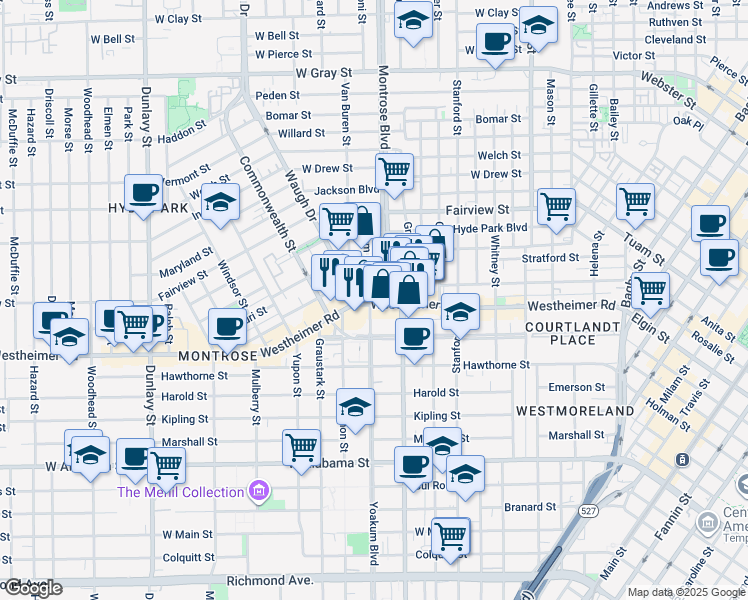 map of restaurants, bars, coffee shops, grocery stores, and more near 1018 Westheimer Road in Houston