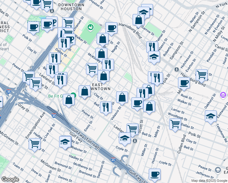 map of restaurants, bars, coffee shops, grocery stores, and more near 3002 Dallas Street in Houston