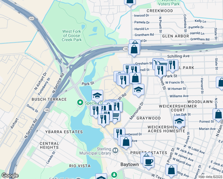 map of restaurants, bars, coffee shops, grocery stores, and more near 1601 Garth Road in Baytown