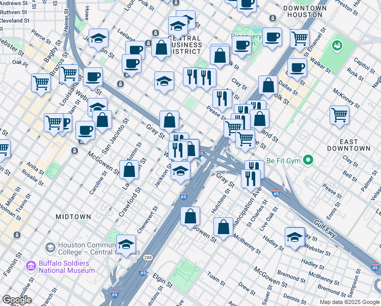 map of restaurants, bars, coffee shops, grocery stores, and more near 2082 Chenevert Street in Houston