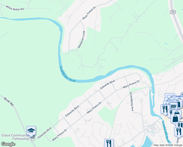 map of restaurants, bars, coffee shops, grocery stores, and more near 1755 Riada Drive in New Braunfels