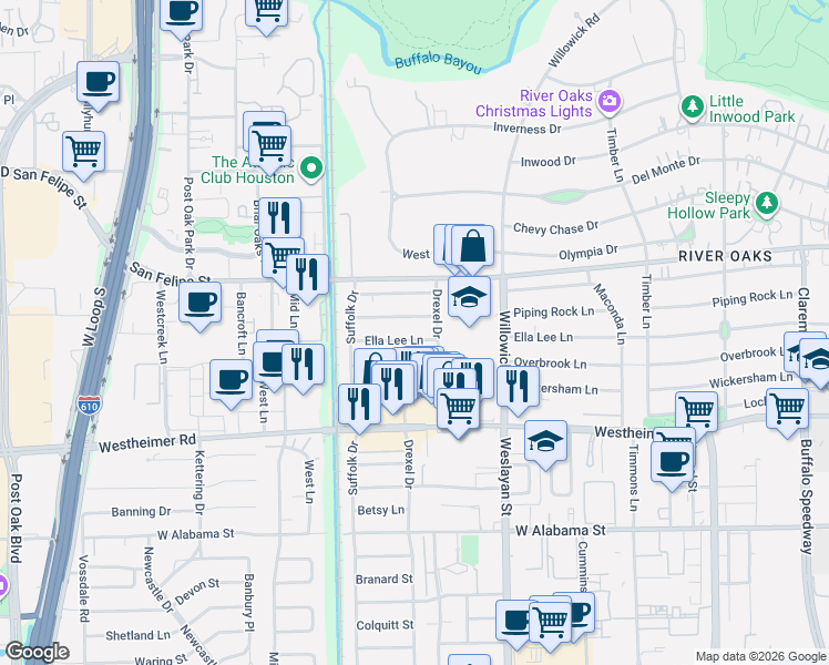 map of restaurants, bars, coffee shops, grocery stores, and more near 4010 Ella Lee Lane in Houston