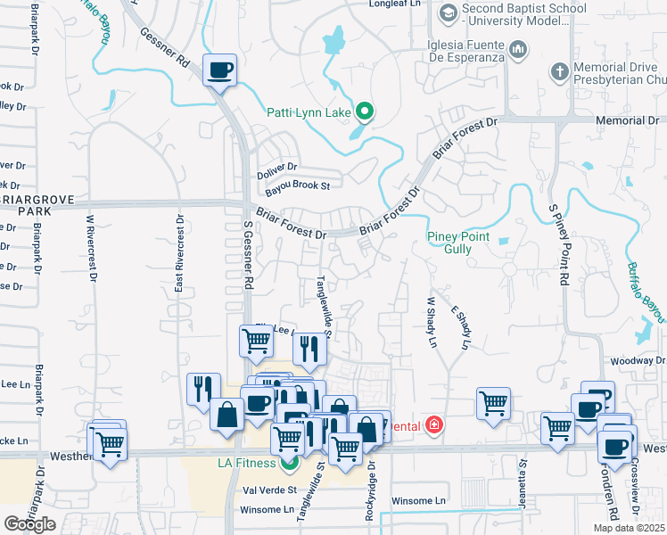 map of restaurants, bars, coffee shops, grocery stores, and more near 9449 Briar Forest Drive in Houston