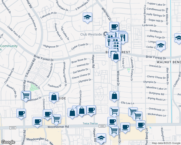 map of restaurants, bars, coffee shops, grocery stores, and more near 11318 Chevy Chase Dr in Houston