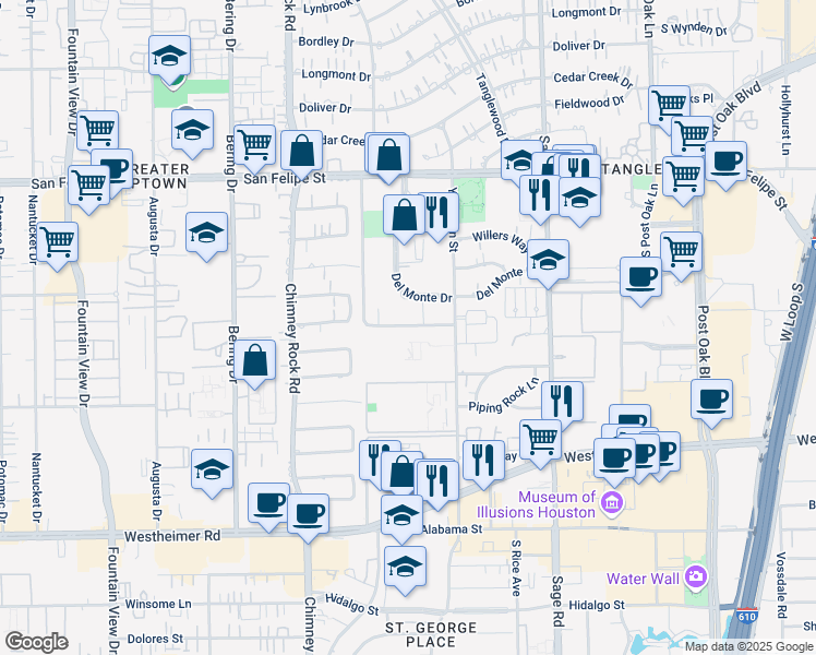 map of restaurants, bars, coffee shops, grocery stores, and more near 5555 Del Monte Drive in Houston