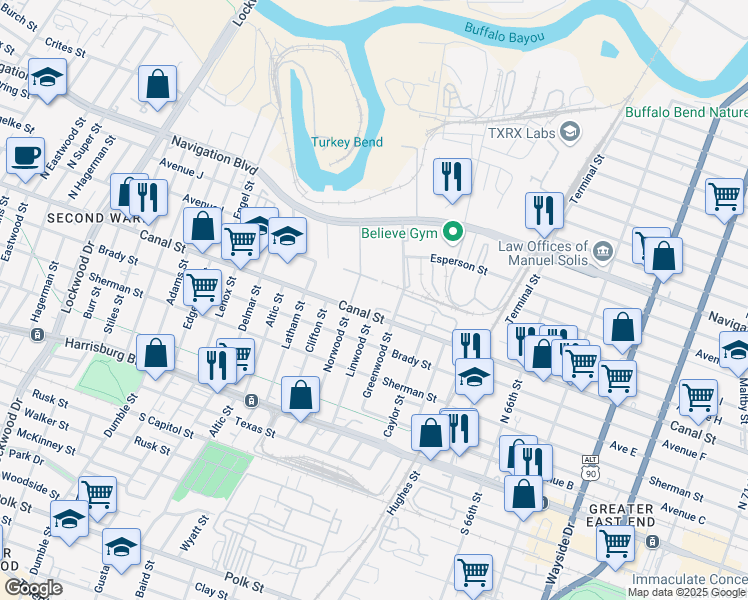 map of restaurants, bars, coffee shops, grocery stores, and more near 5900 Canal Street in Houston