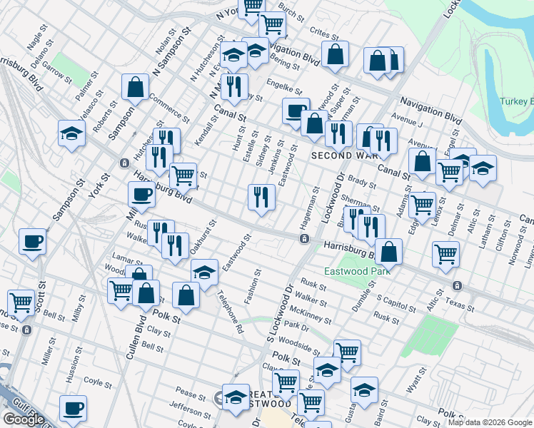 map of restaurants, bars, coffee shops, grocery stores, and more near 311 Super Street in Houston