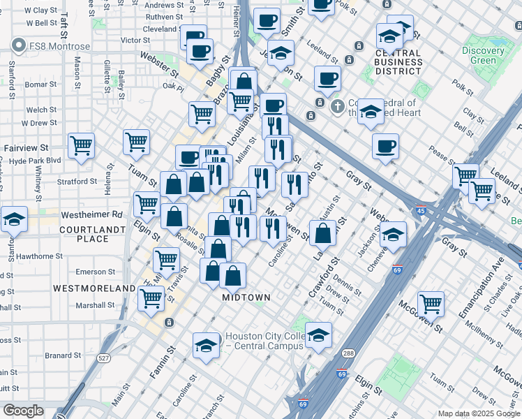 map of restaurants, bars, coffee shops, grocery stores, and more near 2506 Fannin Street in Houston