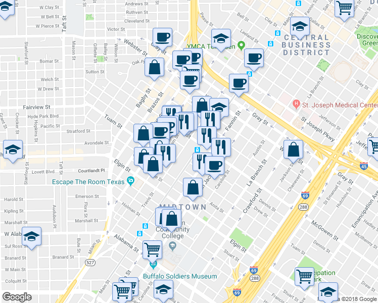 map of restaurants, bars, coffee shops, grocery stores, and more near in Houston