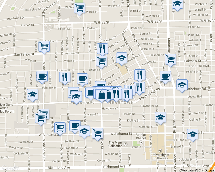 map of restaurants, bars, coffee shops, grocery stores, and more near in Houston