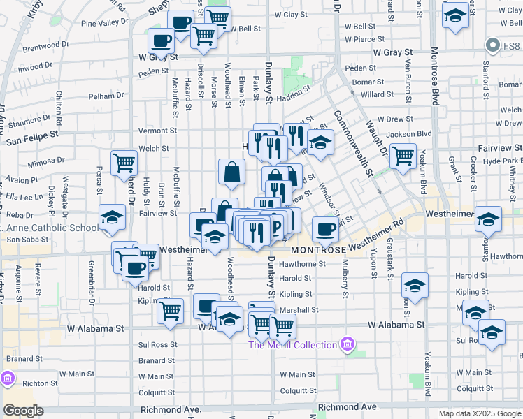 map of restaurants, bars, coffee shops, grocery stores, and more near 2332 Park Street in Houston