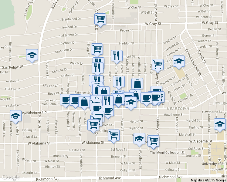 map of restaurants, bars, coffee shops, grocery stores, and more near 2314 Brun Street in Houston