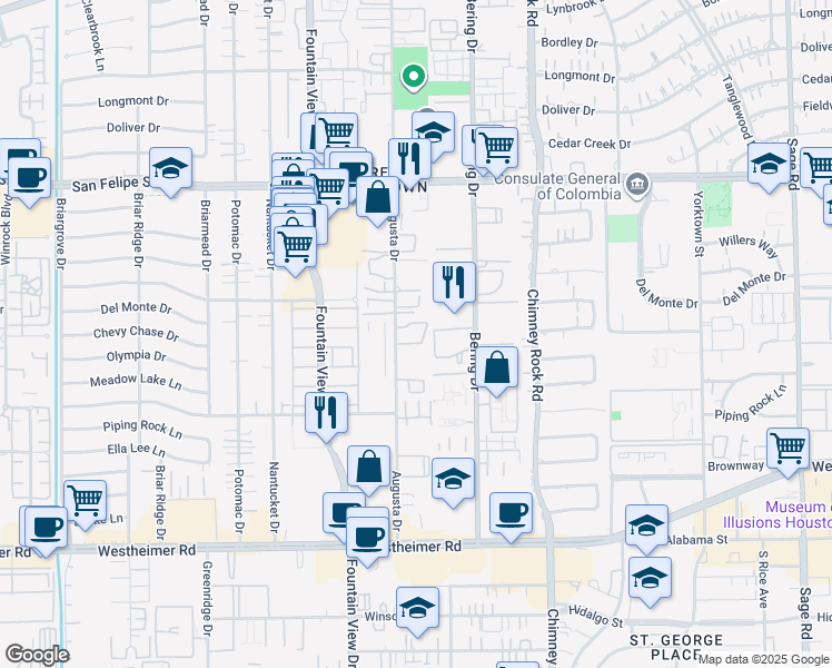 map of restaurants, bars, coffee shops, grocery stores, and more near 2012 Augusta Drive in Houston