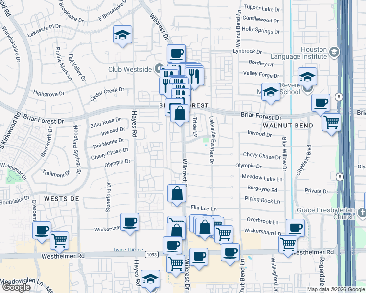 map of restaurants, bars, coffee shops, grocery stores, and more near 2100 Wilcrest Drive in Houston