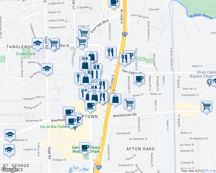 map of restaurants, bars, coffee shops, grocery stores, and more near 2200 West Loop South Freeway in Houston