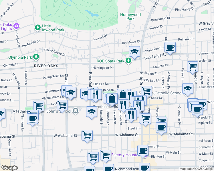 map of restaurants, bars, coffee shops, grocery stores, and more near 3225 Ella Lee Ln in Houston