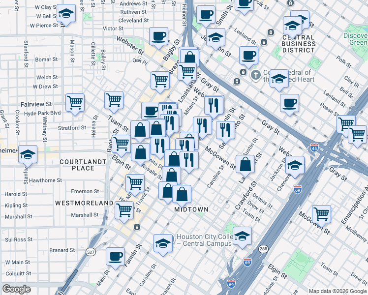 map of restaurants, bars, coffee shops, grocery stores, and more near in Houston