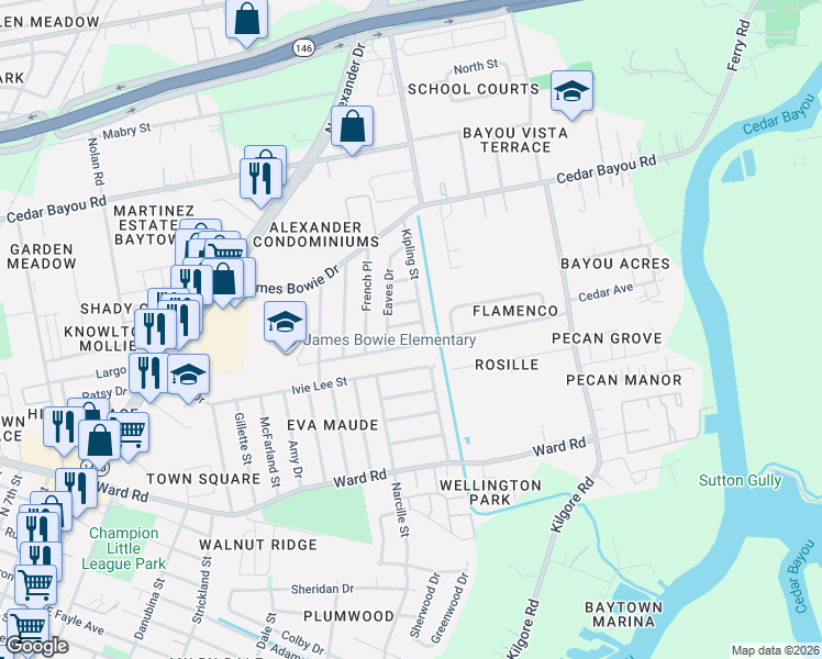 map of restaurants, bars, coffee shops, grocery stores, and more near 2207 Tuscan Ln in Baytown