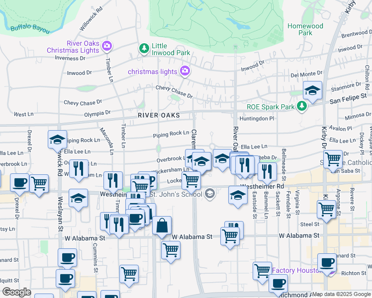 map of restaurants, bars, coffee shops, grocery stores, and more near 3437 Ella Lee Lane in Houston