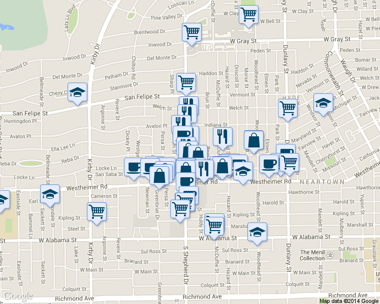 map of restaurants, bars, coffee shops, grocery stores, and more near 2359 South Shepherd Drive in Houston