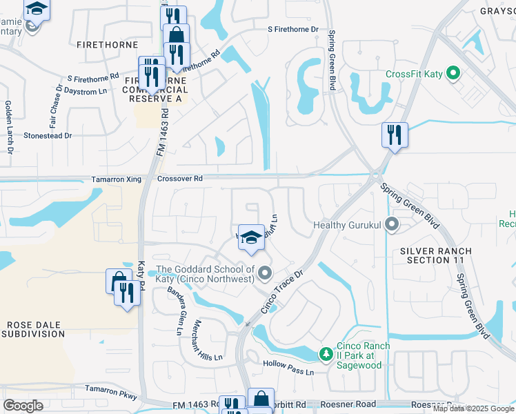 map of restaurants, bars, coffee shops, grocery stores, and more near 2707 Winterton Trail in Katy