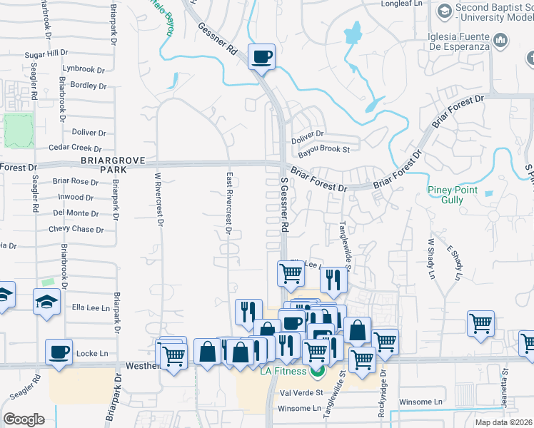 map of restaurants, bars, coffee shops, grocery stores, and more near 1720 South Gessner Road in Houston