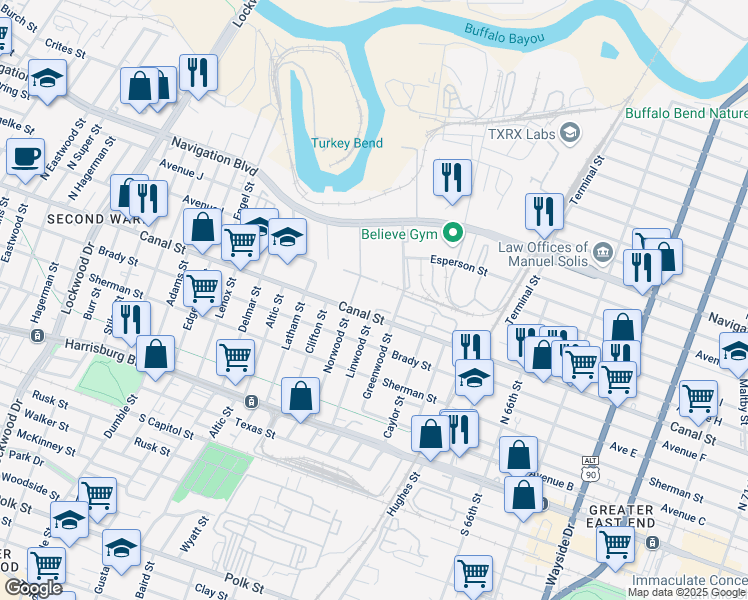 map of restaurants, bars, coffee shops, grocery stores, and more near 5900 Canal Street in Houston