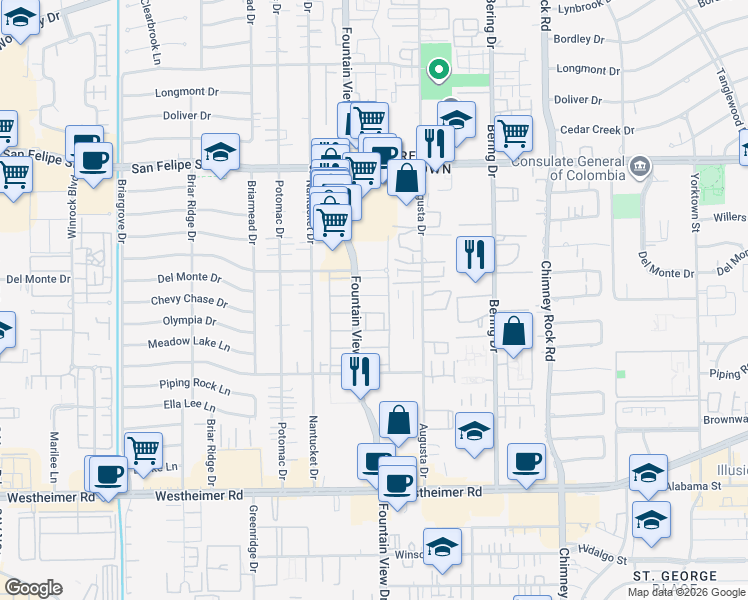map of restaurants, bars, coffee shops, grocery stores, and more near 2121 Fountain View Drive in Houston