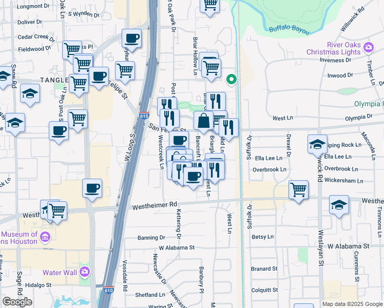 map of restaurants, bars, coffee shops, grocery stores, and more near 2184 Bancroft Lane in Houston