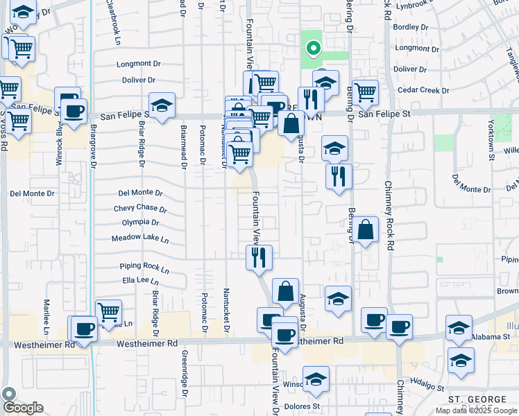 map of restaurants, bars, coffee shops, grocery stores, and more near 5 Fountain View Drive in Houston
