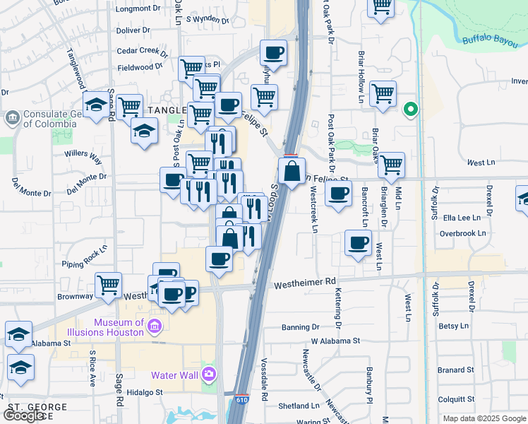 map of restaurants, bars, coffee shops, grocery stores, and more near 2200 South Loop West in Houston