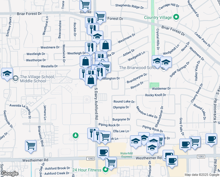 map of restaurants, bars, coffee shops, grocery stores, and more near 1926 Ashford Hollow Lane in Houston