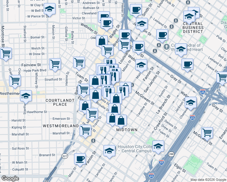 map of restaurants, bars, coffee shops, grocery stores, and more near 2700 Travis Street in Houston