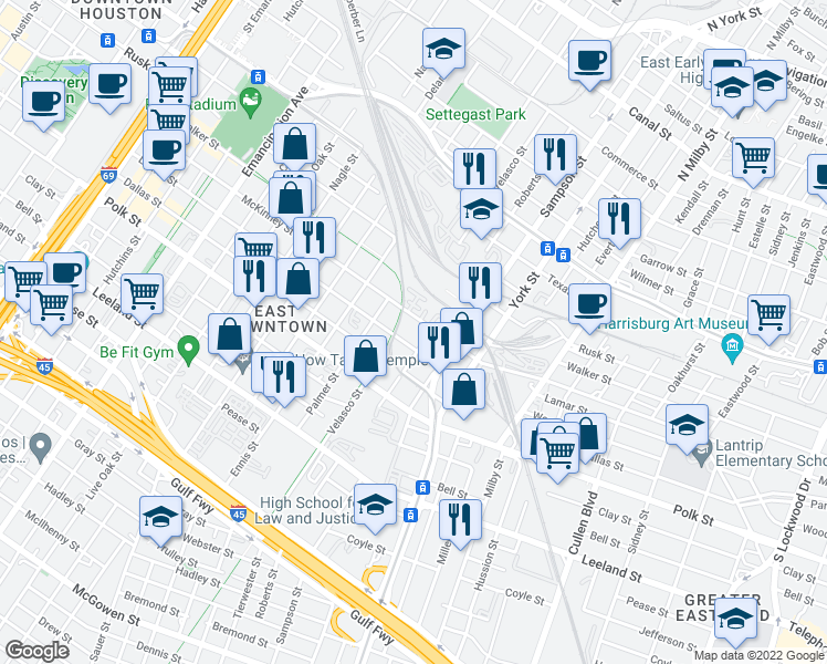 map of restaurants, bars, coffee shops, grocery stores, and more near 3214 McKinney Street in Houston