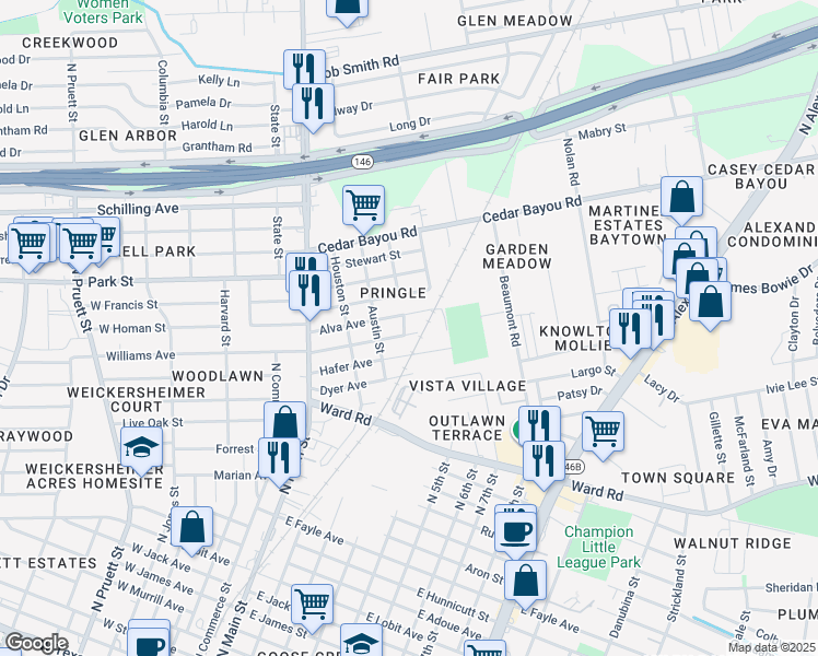 map of restaurants, bars, coffee shops, grocery stores, and more near 304 Alva Street in Baytown